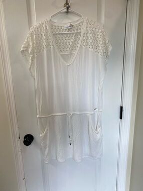 Calvin Klein White Crochet Drawstring Coverup